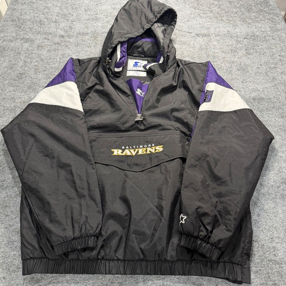 NWOT Vintage Style Starter Mens XL Baltimore Ravens NFL Quarter Zip Hood Jacket